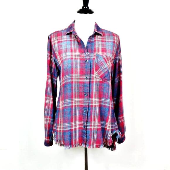 Anthropologie Size S Classic Button Up Shirt Flannel Plaid Red Blue - Picture 2 of 10
